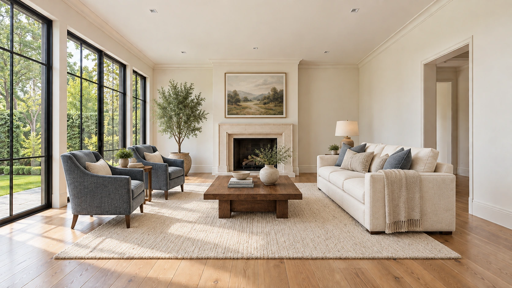 AI staging concept with cream sofa, two blue-gray chairs, rug and walnut coffee table